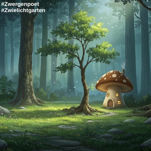 Eine Waldlichtung in der Morgendämmerung, sanftes Licht dringt durch die Bäume. Ein kleines Pilzhaus mit brauner Kappe steht am Rand. In der Mitte eine junge Esche als Lebensbaum, zarte Feenlichter schimmern im Hintergrund.